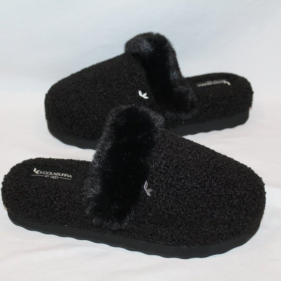 NIB UGG KOOLABURRA WOMEN'S‎ PEACHTREE CURLY FUR SLIP ON SLIPPERS BLACK - Picture 1 of 6